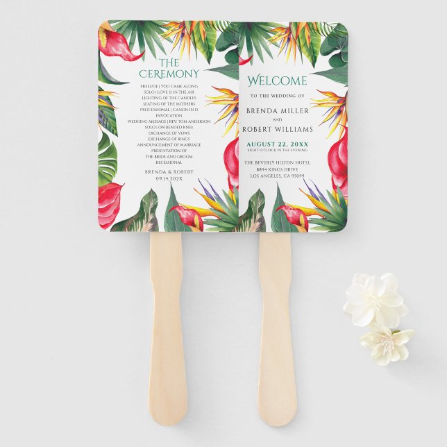 Tropical Flowers Oases Wedding Hand Fan (Front and Back)