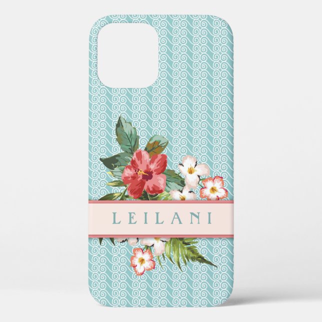 Tropical Flowers | Ocean Wave Aqua/Coral Custom Case-Mate iPhone Case (Back)