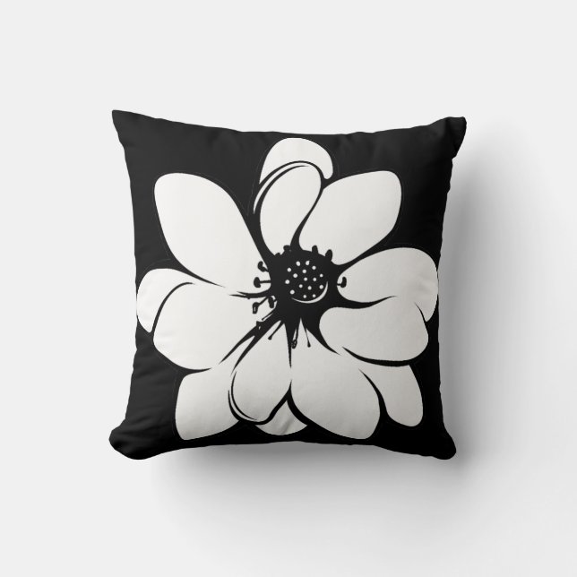 Tropical Flowers on Black and White Cushion (Front)