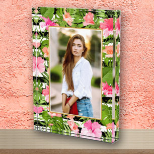 Tropical Flowers on Black White Stripes Photo Block