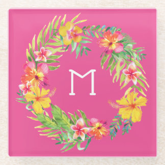 Tropical flowers on fuchsia pink glass coaster