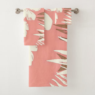 Tropical flowers on peach coloured background  bath towel set