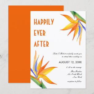 Tropical Flowers Orange Modern Script Wedding Invitation