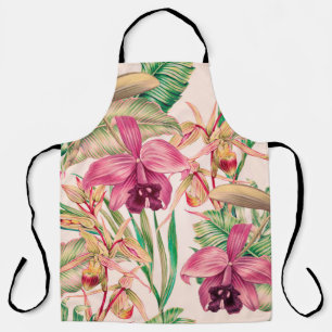 Tropical flowers, orchid flower, jungle leaves, mo apron