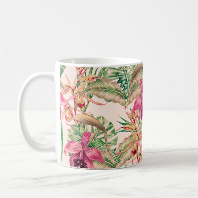 Tropical flowers, orchid flower, jungle leaves, mo coffee mug (Left)