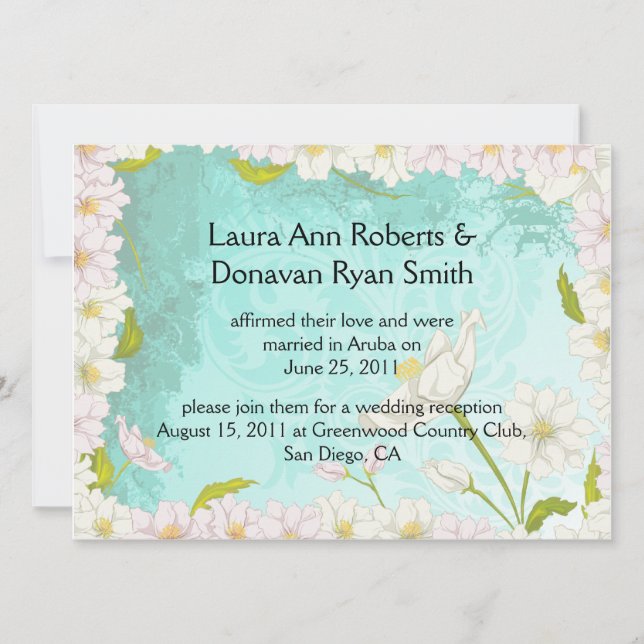 Tropical Flowers Pale Blue Swirls Post Wedding Invitation (Front)