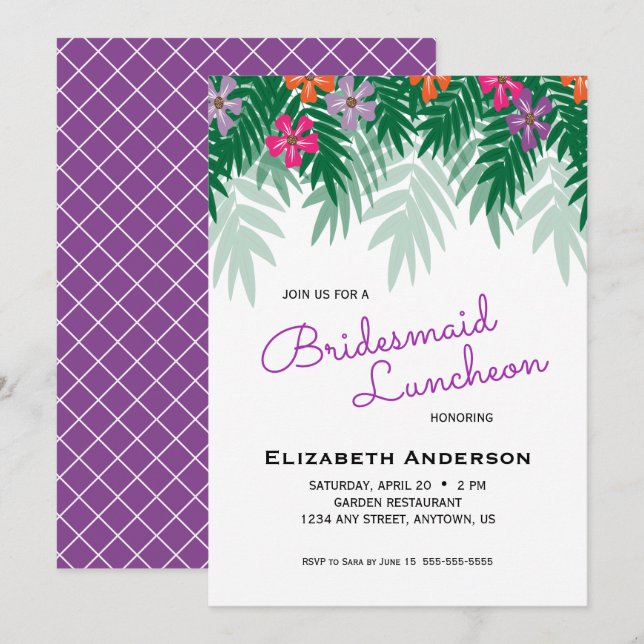 Tropical Flowers & Palm Branch Bridesmaid Luncheon Invitation (Front/Back)