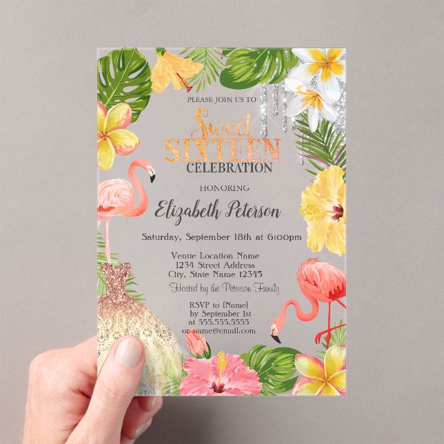 Tropical Flowers Palm Flamingos Dress Sweet 16 Acrylic Invitations (Insitu (Handheld))