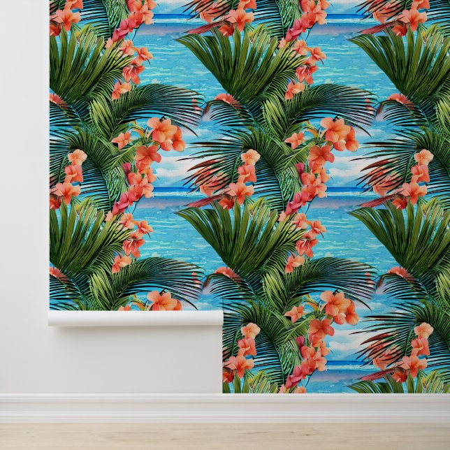 Tropical flowers palm island blue sea pattern wallpaper (Application)