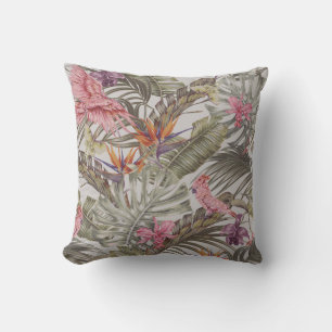 Tropical flowers, palm leaves, bird of paradise cushion