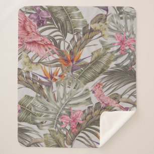 Tropical flowers,  palm leaves,  bird of paradise  sherpa blanket