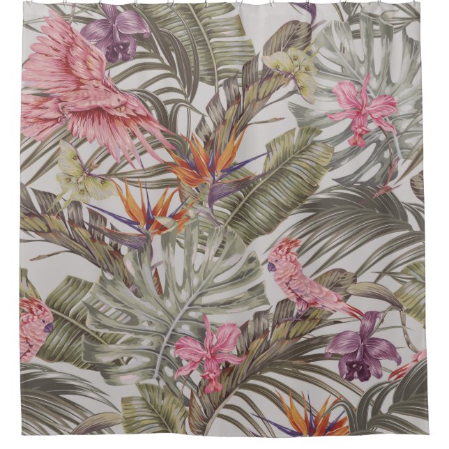 Tropical flowers,  palm leaves,  bird of paradise  shower curtain (Front)