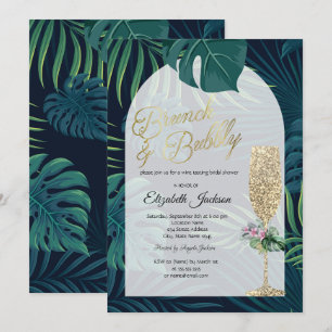 Tropical Flowers Palm Leaves Dark Champagne Glass Invitation