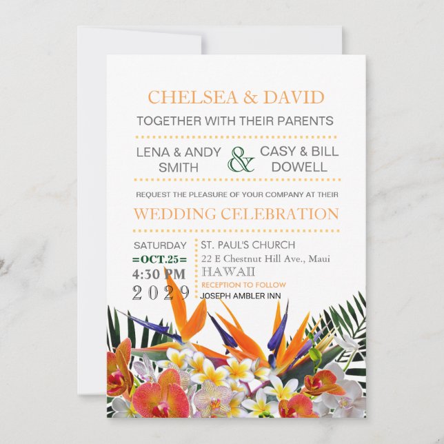 Tropical Flowers Palm Leaves Modern Chic Wedding Invitation (Front)