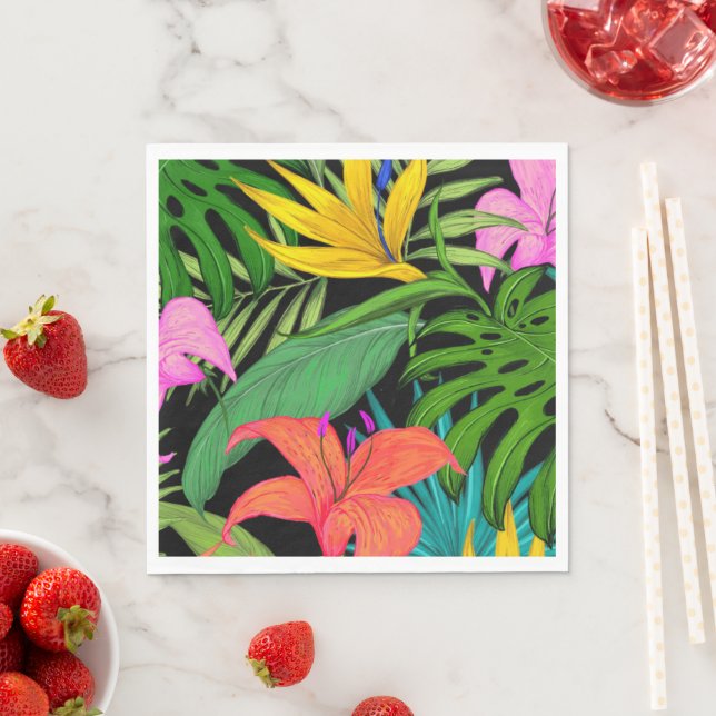 Tropical Flowers & Palm Leaves Paper Napkin (Insitu)