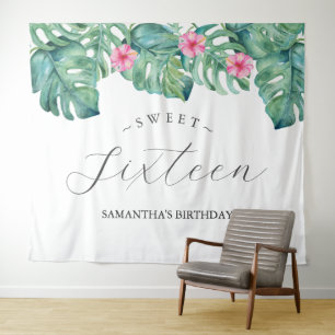 Tropical Flowers Palm Leaves Photo Booth Backdrop Tapestry