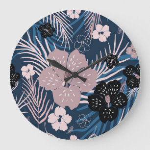 Tropical Flowers Palm Leaves Texture Large Clock