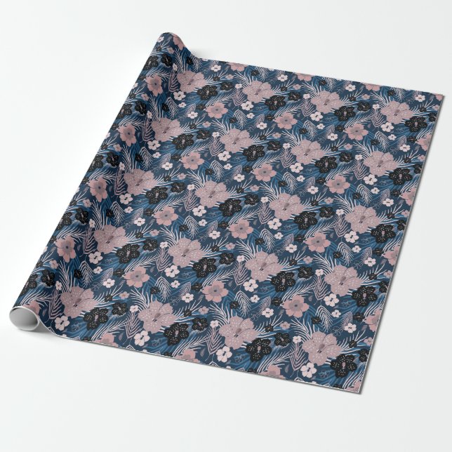 Tropical Flowers Palm Leaves Texture Wrapping Paper (Unrolled)