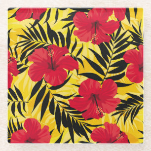 Tropical flowers palm leaves, vintage pattern. glass coaster