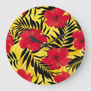 Tropical flowers palm leaves, vintage pattern. large clock