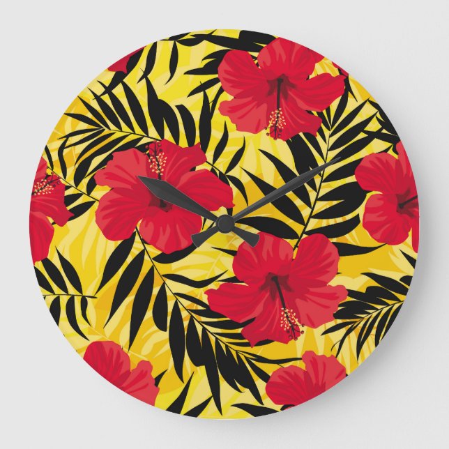 Tropical flowers palm leaves, vintage pattern. large clock (Front)