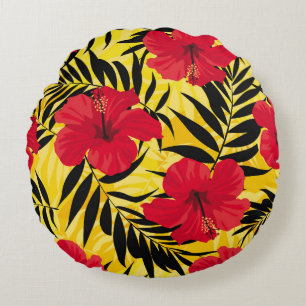 Tropical flowers palm leaves, vintage pattern. round cushion