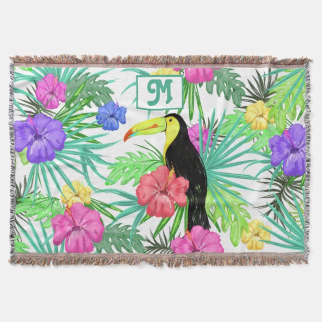 Tropical Flowers & Parrot Personalise Monogram Throw Blanket (Front)