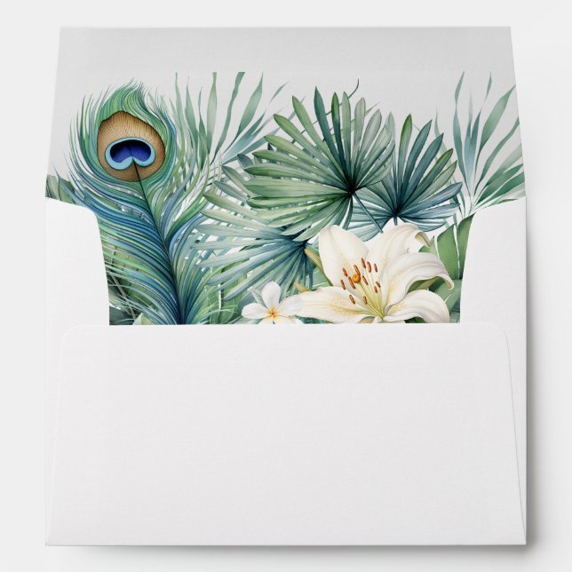 Tropical Flowers Peacock Feather Wedding Envelope (Back (Bottom))