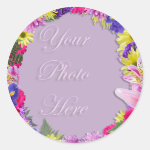 Tropical Flowers Picture Frame, Beach Wedding Classic Round Sticker