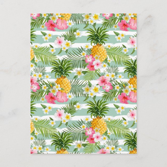 Tropical Flowers & Pineapple On Teal Stripes 2 Postcard (Front)