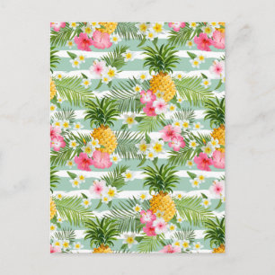 Tropical Flowers & Pineapple On Teal Stripes 2 Postcard