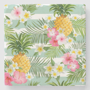 Tropical Flowers & Pineapple On Teal Stripes 2 Stone Coaster