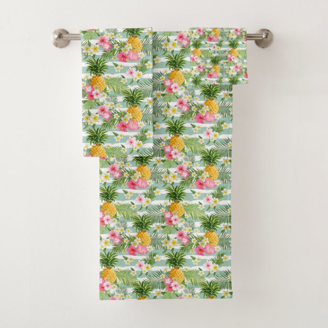 Tropical Flowers & Pineapple On Teal Stripes Bath Towel Set (Insitu)