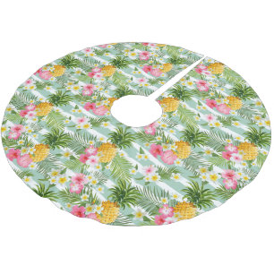 Tropical Flowers & Pineapple On Teal Stripes Brushed Polyester Tree Skirt