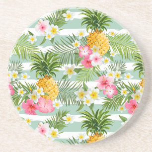 Tropical Flowers & Pineapple On Teal Stripes Coaster