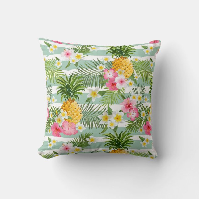 Tropical Flowers & Pineapple On Teal Stripes Cushion (Front)