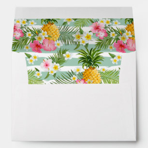 Tropical Flowers & Pineapple On Teal Stripes Envelopes
