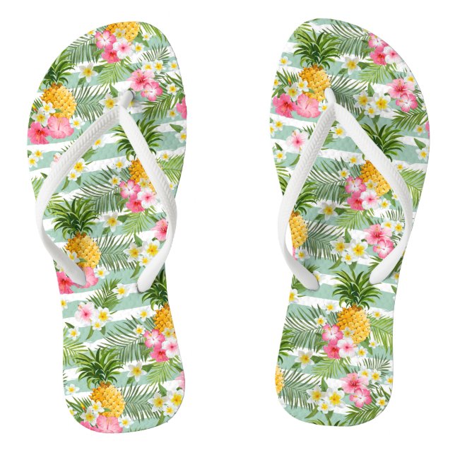 Tropical Flowers & Pineapple On Teal Stripes Flip Flops (Footbed)