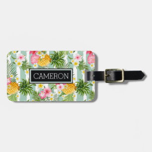 Tropical Flowers & Pineapple On Teal Stripes Luggage Tag