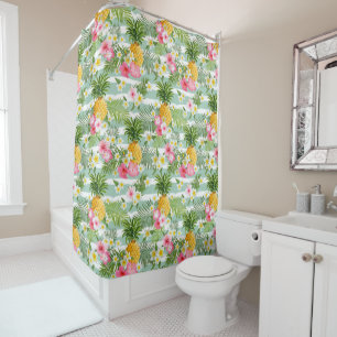 Tropical Flowers & Pineapple On Teal Stripes Shower Curtain
