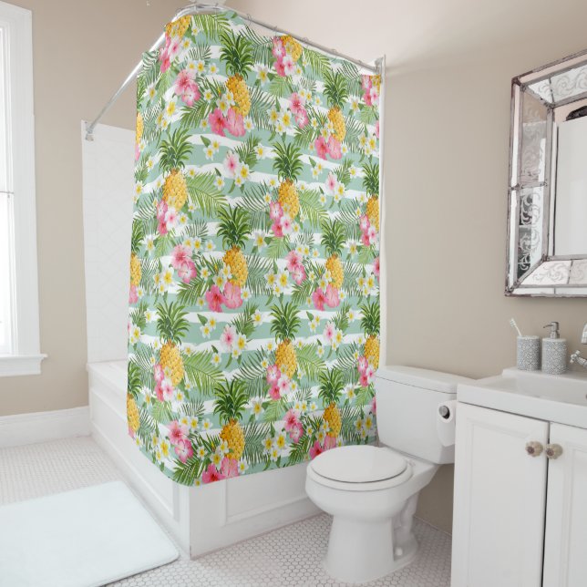 Tropical Flowers & Pineapple On Teal Stripes Shower Curtain (In Situ)