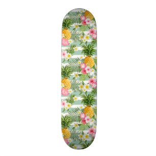 Tropical Flowers & Pineapple On Teal Stripes Skateboard