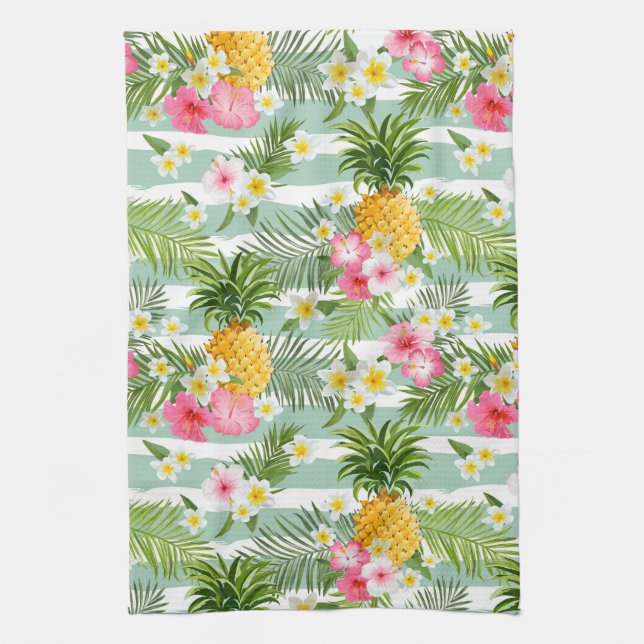 Tropical Flowers & Pineapple On Teal Stripes Tea Towel (Vertical)