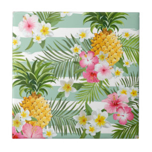 Tropical Flowers & Pineapple On Teal Stripes Tile