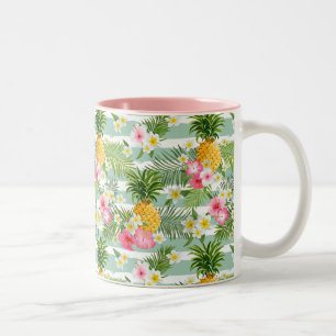 Tropical Flowers & Pineapple On Teal Stripes Two-Tone Coffee Mug