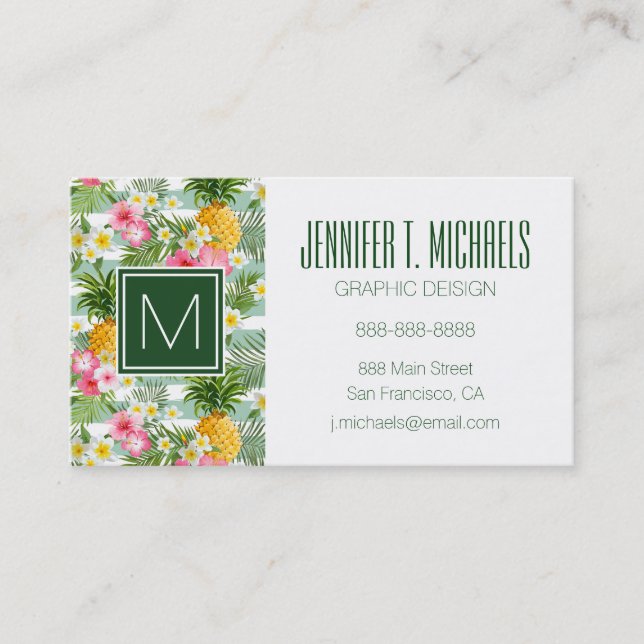Tropical Flowers & Pineapple Stripes | Add  Name Business Card (Front)