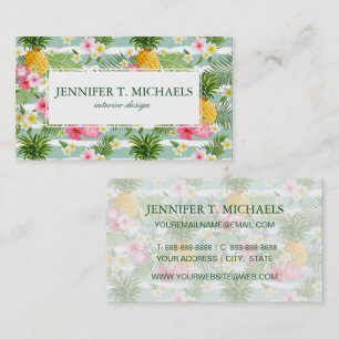 Tropical Flowers & Pineapple Stripes   Add  Name Business Card