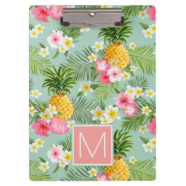Tropical Flowers & Pineapples | Add Your Initial Clipboard (Front)