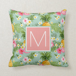 Tropical Flowers & Pineapples Add Your Initial Cushion