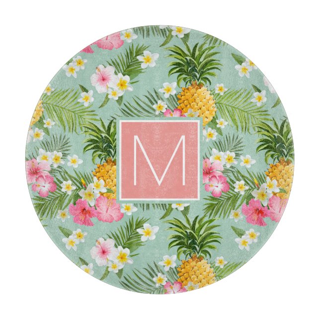 Tropical Flowers & Pineapples | Add Your Initial Cutting Board (Front)